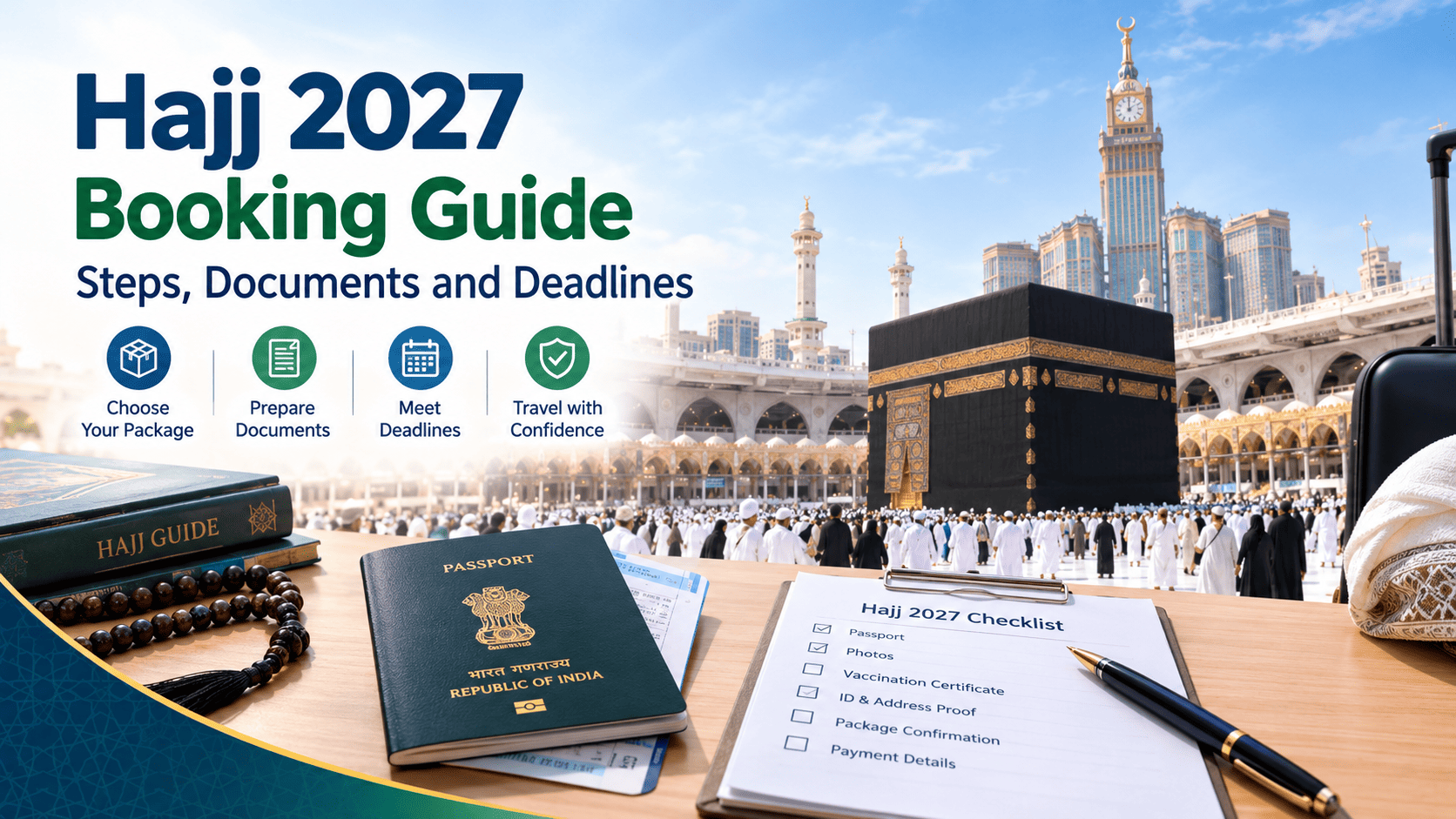 Hajj 2027 booking guide with Kaaba, required documents and booking checklist