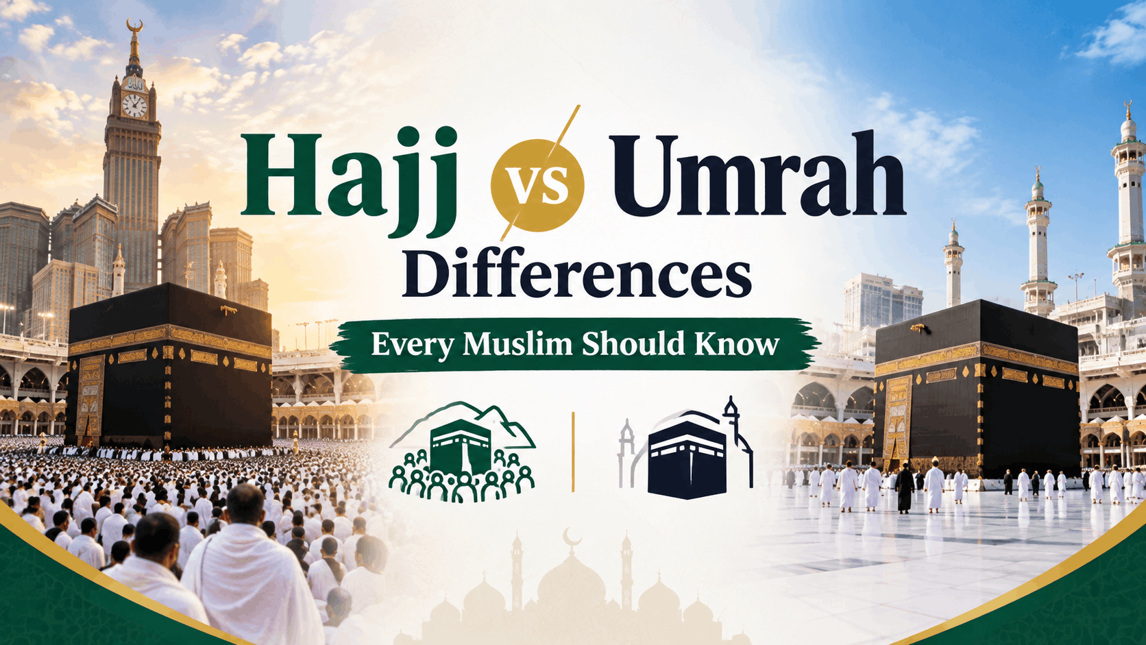 Hajj vs Umrah differences comparison showing pilgrims at the Kaaba in Mecca